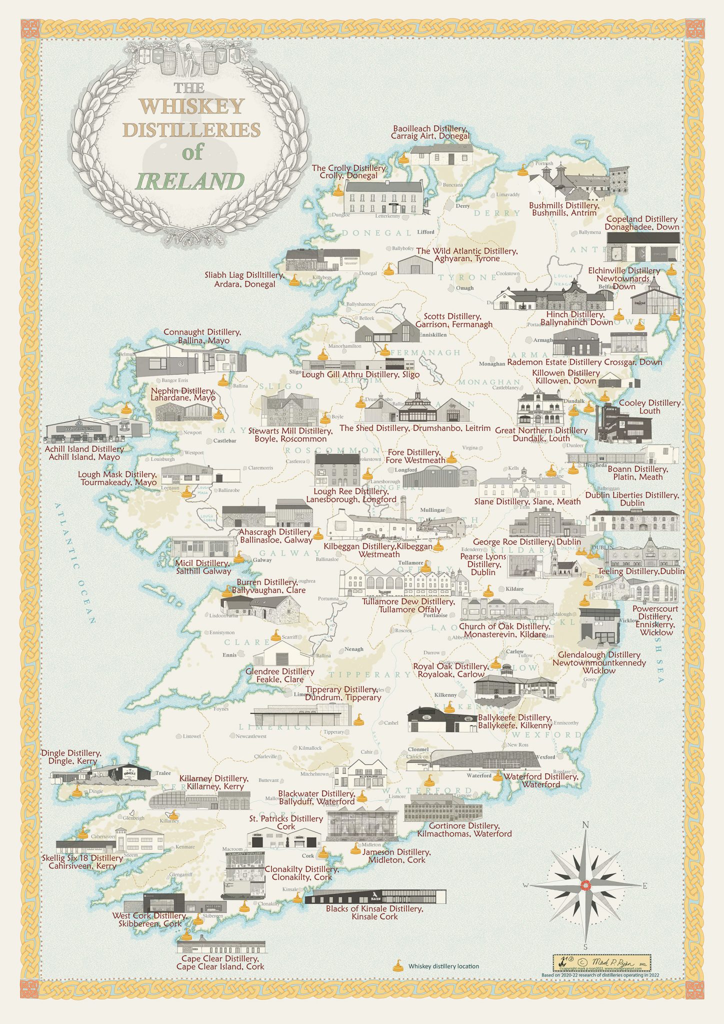 Whiskey Distilleries Of Ireland Map Mark P Ryan Artist   Whiskey Distilleries Of Ireland Map Second Colour Version Reduced For Web 1448x2048 