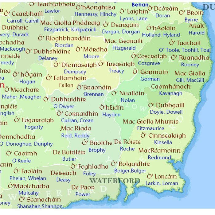 inset of Family names of Ireland map